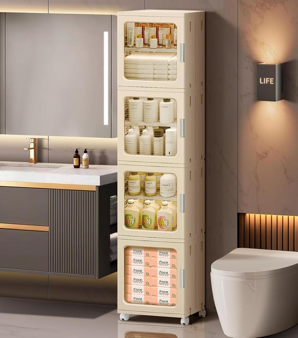 4-Tier Tall Narrow Bathroom Storage Cabinet with Doors and Adjustable Shelves Slim Foldable Cabinets with Wheels Small Spaces Plastic Organizers for Kitchen Laundry Room Bedroom Pantry,Beige