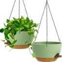 UOUZ 13 Inch 2 Pack Large Self Watering Hanging Planters for Indoor Outdoor Plants, Hanging Plant Pots with Removable 50 Oz Reservoir, Plastic Hanging Basket for Window Porch Garden, Green with Brown