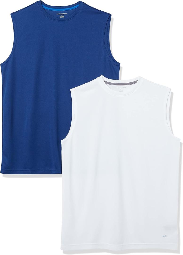 Amazon Essentials Men's Active Performance Tech Muscle Tank, Pack of 2 (Large, Navy/White)