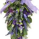 23 Inch Pre-lit Lavender Teardrop Swag, Farmhouse Spring Summer Teardrop with Purple Gingham Bow, Battery Operated with Timer & 10 Warm White Lights, Floral Decoration for Wall Door Farmhouse