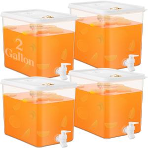 Domensi 4 Pack 2 Gallon Fridge Beverage Drink Dispenser with Spigot Leak-proof Lids Filter Screen Juice Container Sealed Plastic Lemonade Water Milk Cold Hot Drink Tea Jug for Party Daily Use