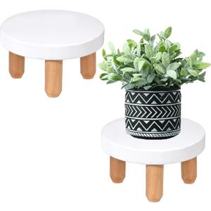 ARTORA Small Wooden Riser, Decorative Round Wood Desktop Plant Stand Mid Century Kitchen Counter Pedestal Stand for Centerpiece Pet Bowl Holder (White, 2 Pack)