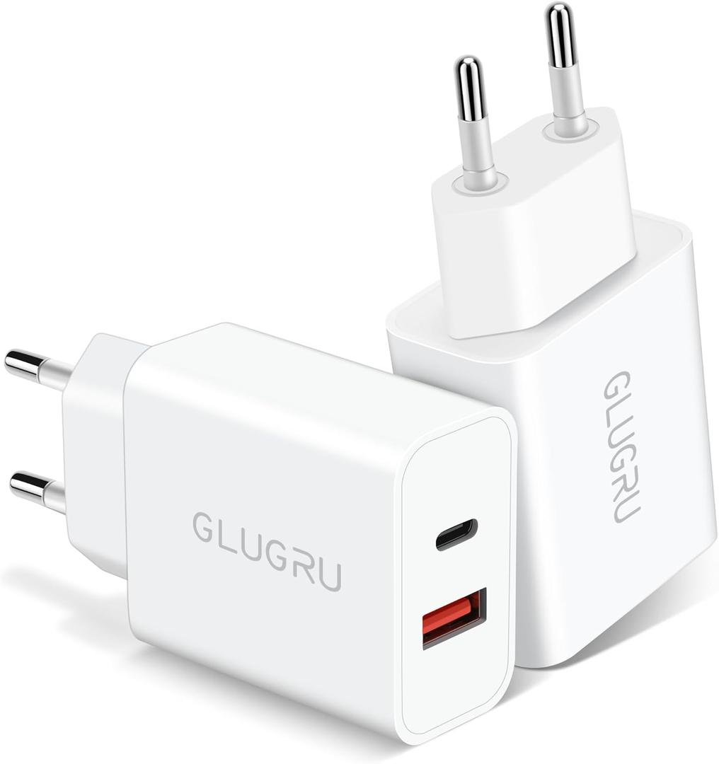 European Travel Plug Adapter, GLUGRU 2-Pack 20W Dual Port USB C Wall Charger Type C Fast Charging Block International Power Adapter US to Europe EU for iPhone 16 15 14 13 12 11 Pro Max, iPad, Samsung
