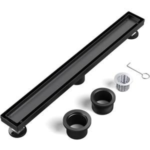 EXF Linear Shower Drain 36 Inch Matte Black with Reversible Flat & Tile Insert Cover, Stainless Steel Rectangle Shower Floor Drain with Hair Catcher, Adjustable Feet