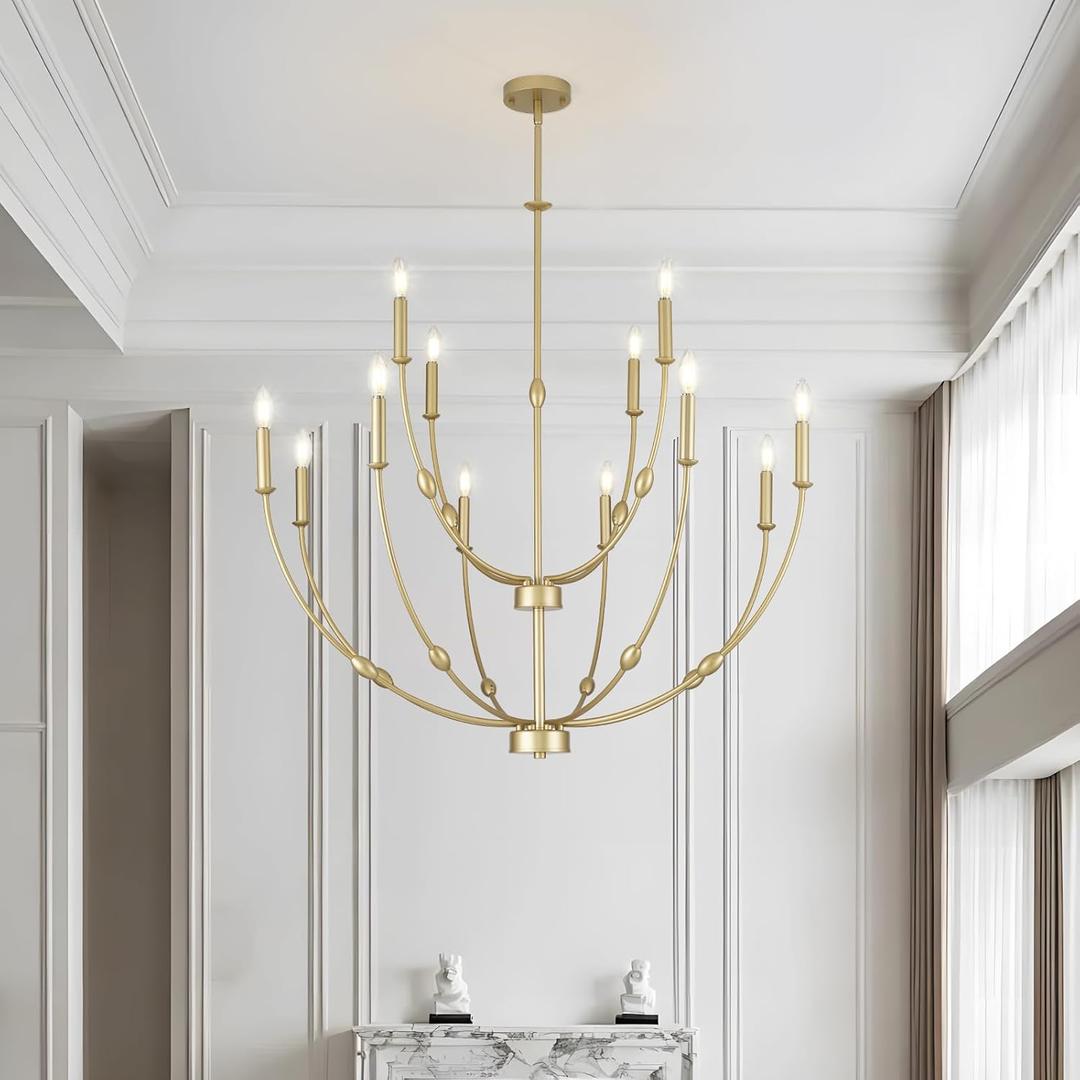 35" Large Chandeliers for Dining Room, Modern Gold 12-Lights Candle Style 2-Tiers Hanging Light Fixture for High Ceiling Living Room Foyer Staircase