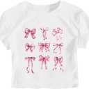 RoseSeek Girl's Letter Bow Graphic Tees Short Sleeve Crewneck Cute Shirts for Teen Girls Trendy (White)