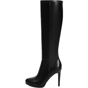 Modatope Knee High Boots Women Pointed Toe Stiletto Heel Fall Tall Boots Elastic Leather Long Boots Side Zipper (7.5, Black Pu)