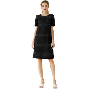 Women's Short-Sleeved Mid-Length Dress, Openwork Design Casual Elegant Dress for Women with Lace Trim Summer (Large, Black)