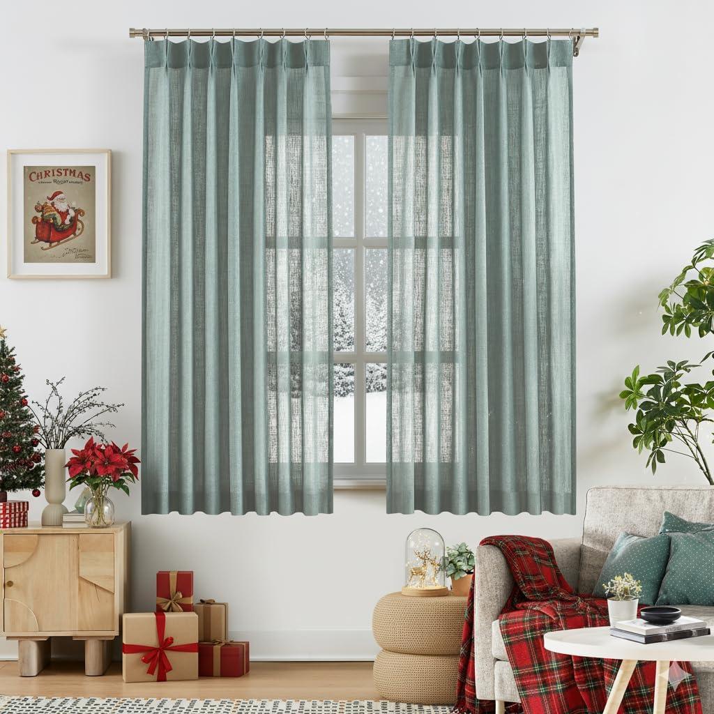 WEST LAKE 72 Inch Mineral Green Semi Sheer Window Curtain Panels,Bailey Pinch Pleated Light Filteirng Drapes with Backtabs,Farmhouse Linen Textured Window Treatment for Bedroom Living Room,40"Wx72"Lx2