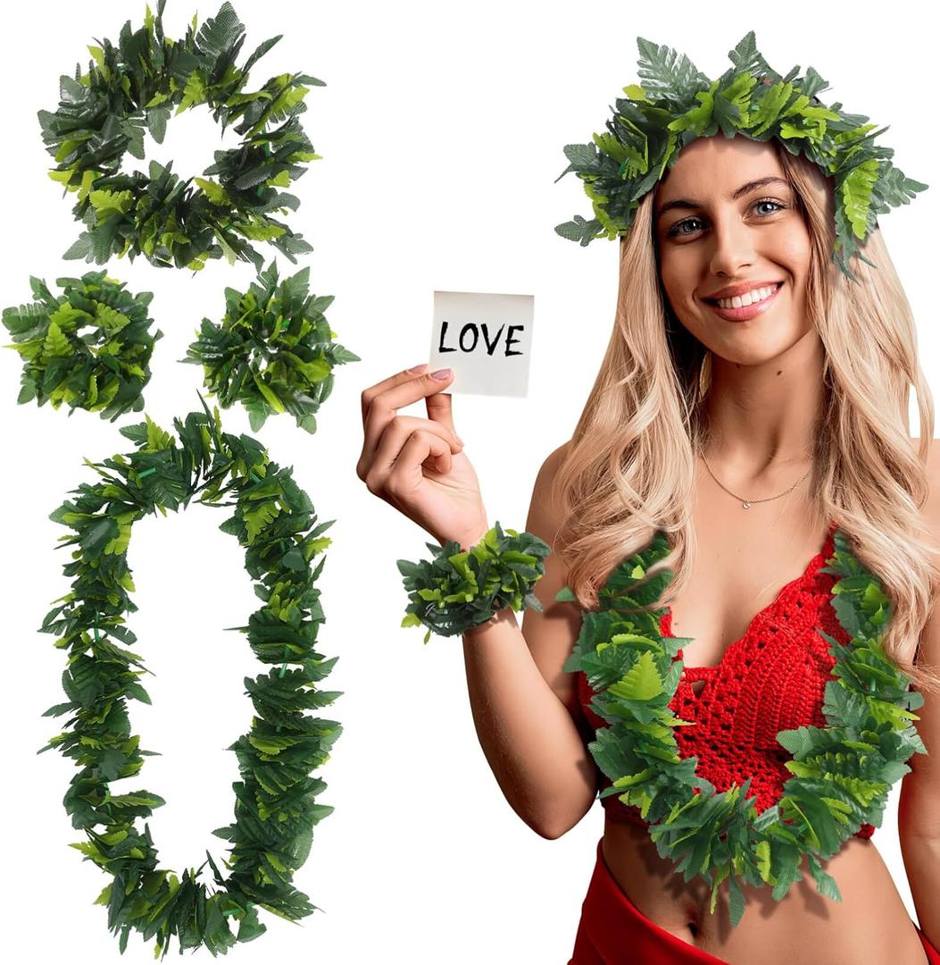 MAGICLULU Green Hawaiian Party Garland: 4pcs in 1 Set Artificial Leaves Headband Lifelike Leaves Bracelet Neck Loop Girls Costume Tropical Beach Luau Party Supplies