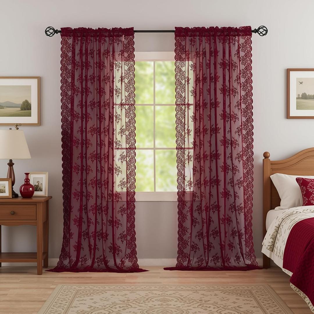 Kotile Maroon Sheer Curtains 72 Inch Length 2 Panels Cottagecore Floral Lace Curtains for Door Window, Rod Pocket Privacy Light Filtering Sheer Window Curtains for Bedroom, 52 x 72 Inch
