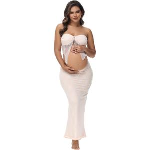 Women's Maternity 2 Piece Outfits Dress Lace Tube Top Hollow Out Skirt for Photoshoot Baby Shower