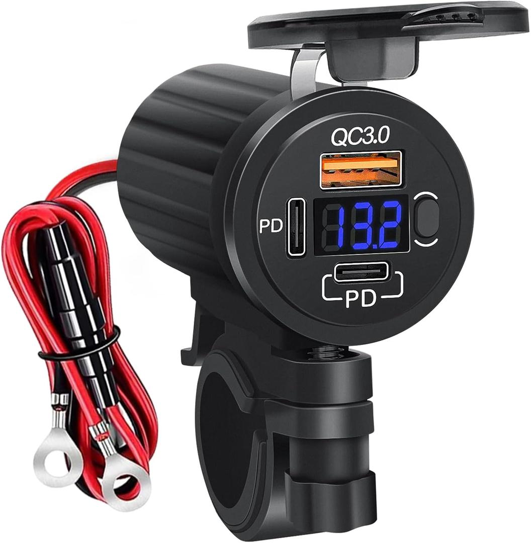Motorcycle USB Charger for Phone, 3 Ports 78W Dual PD3.0 & QC3.0 Motorcycle Phone Charger with Voltmeter & Switch, Waterproof Motorcycle Accessories 12V USB Outlet for All Cellphone, Tablet, GPS
