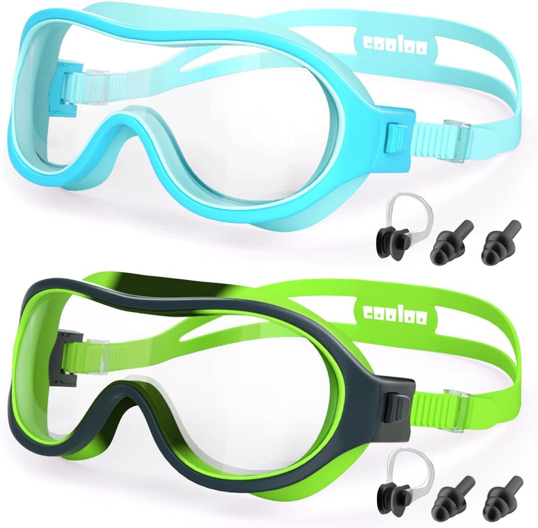 COOLOO Swimming Goggles for Kids 6-16, 2 Pack Kids Swim Goggles for Children Teens Anti-Fog Anti-UV Clear Wide View (A. Light Blue+black Green)