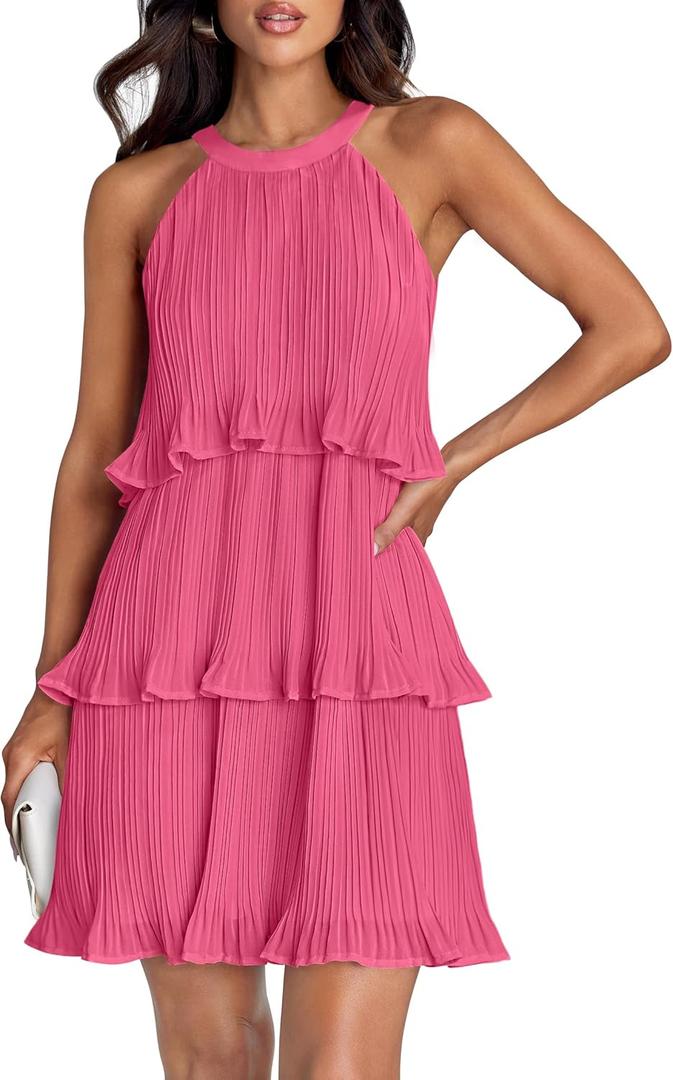 ZESICA Women's 2026 Summer Halter Cocktail Dresses Sleeveless Ruffle Tiered Chiffon Pleated Wedding Guest Mini Dress (X-Large, Hot Pink)