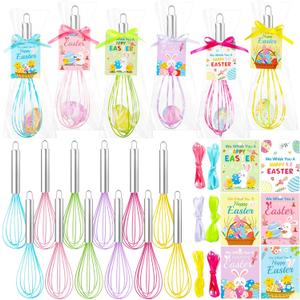 Funnymoom 12 Sets 10 Inch Easter Whisks Gifts for Kids Home Baking Sets Includes Colored Whisks, Greeting Cards, Ribbons, Plastic Bags for Happy Easter Teacher Family Friends Neighbor