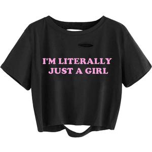 Avanova Women Los Angeles Graphic Distressed Oversized Crop Top Short Sleeve Ripped Boxy Loose Tee Shirt (Large, Black Girl)