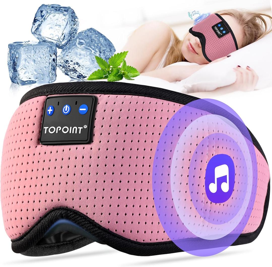 TOPOINT Sleep Mask with Bluetooth Headphones, Breathable Silk Eye Mask for Sleeping Men Women, Bluetooth Sleep Mask Blackout with Speakers, Microphone Handsfree, USB C for Travel Meditation Gifts (Pink)