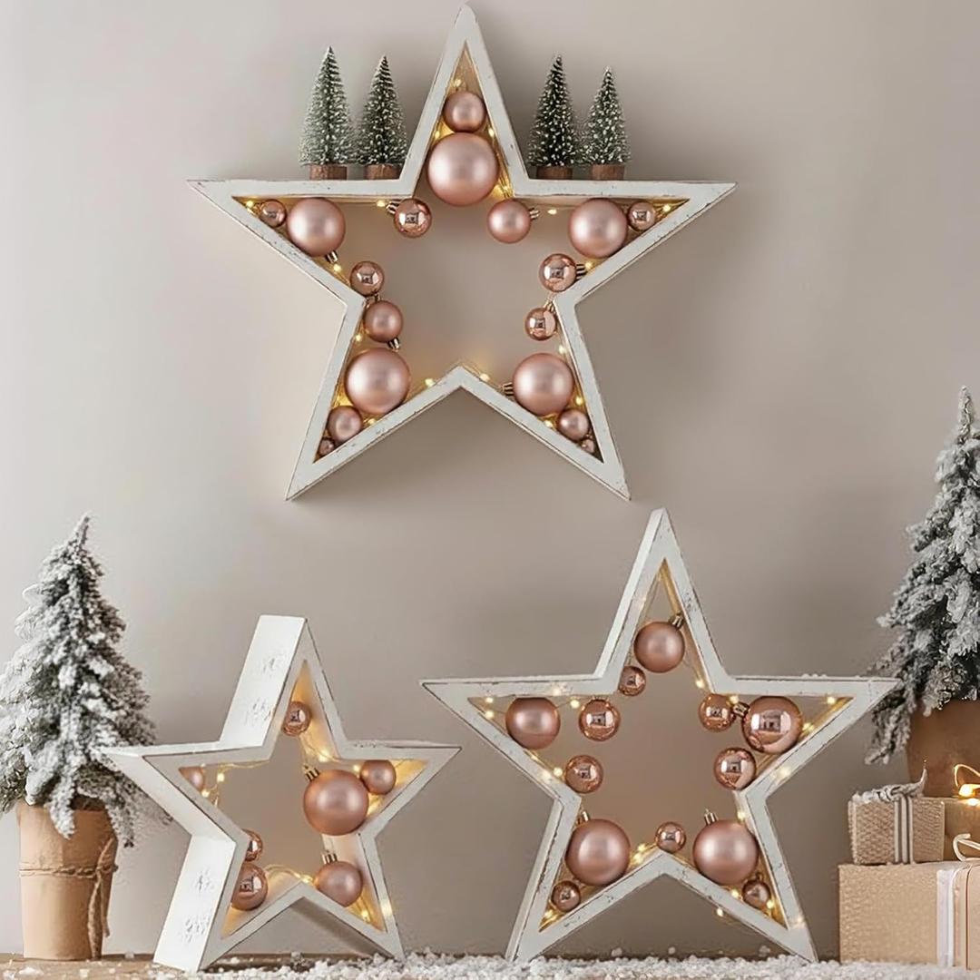 3 Pcs Farmhouse Wood Decoration for Home Rustic Star Table Centerpiece Wooden Star for Crafts Tabletop Desk Tiered Tray Accents Wedding DIY Ornament Fireplace Mantle (White)