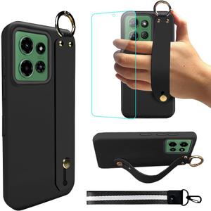 Case for Motorola Moto G Power 2025 5G Phone Case, Wrist Strap Hand Holder Bracelet with Tempered Glass Screen Protector Silicone Protective Cover Case for Motorola Moto G Power 2025 5G - Black