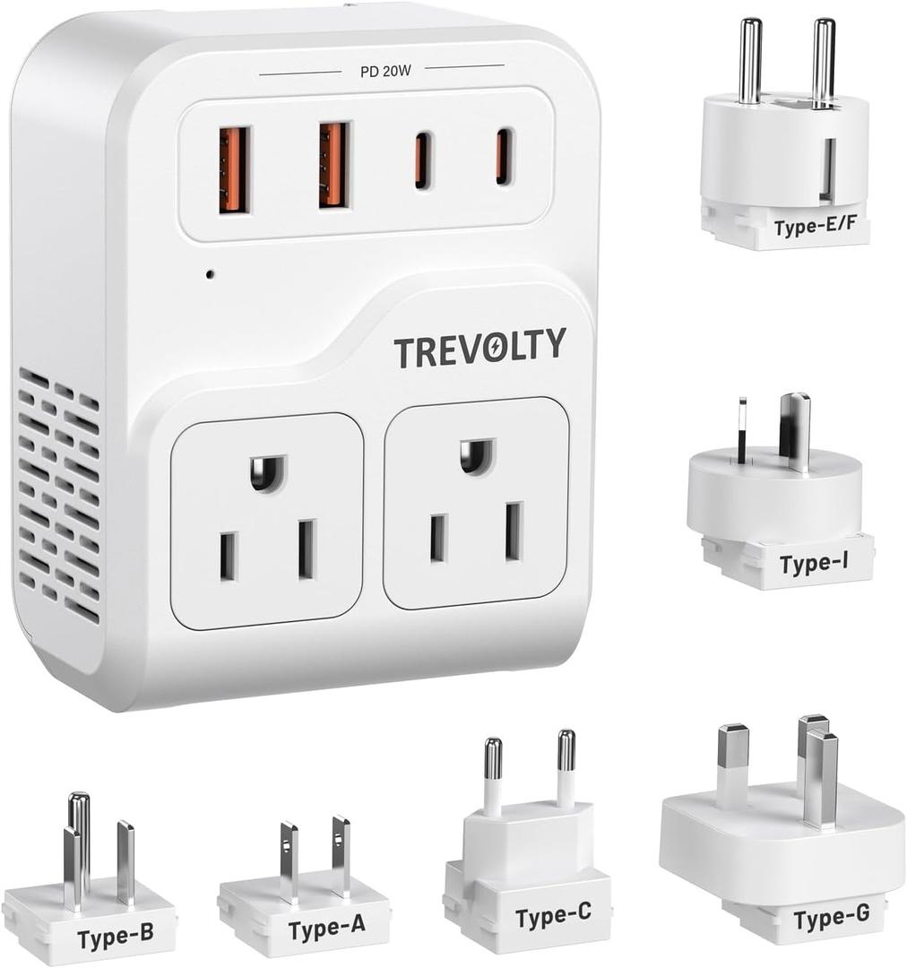 7-in-1 European Travel Plug Adapter, 2000W Universal Travel Adapter with 3 AC Sockets, 2 USB-A & 2 USB-C (PD 20W) Ports, Travel Essentials International Power Adapter for UK/EU/China/Japan