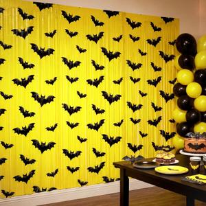 Frienda 3 Pcs Bat Birthday Party Supplies Bat Metallic Tinsel Foil Fringe Curtains Party Supplies Yellow and Black Backdrop for Birthday Decorations, 3.28 x 6.56 Inches