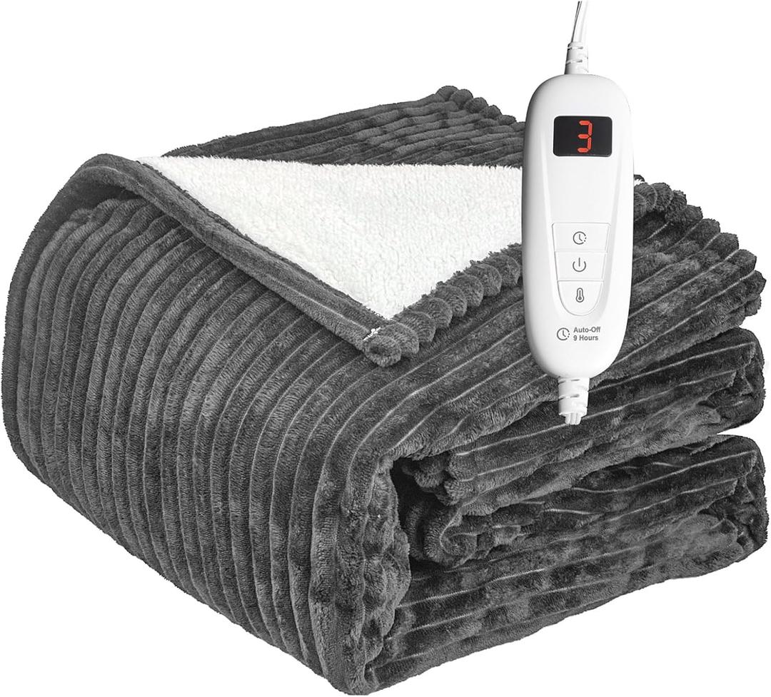 Tefici Heated Electric Blanket Full Size 72"x84" 6 Levels Over-Heat Protection Fast Heating 1/3/6/9 Hours Auto-Off,Heating Blanket Full Size,Soft Flannel to Sherpa ETL&FCC Certified Grey