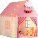 Pink Kids Play Tent with Mat, Cloud and Ball Lights Large Playhouse for Children and Girls Princess Castle Tent for Bed- Indoor & Outdoor Camping Tent(Cloth Door & Metal Rack)