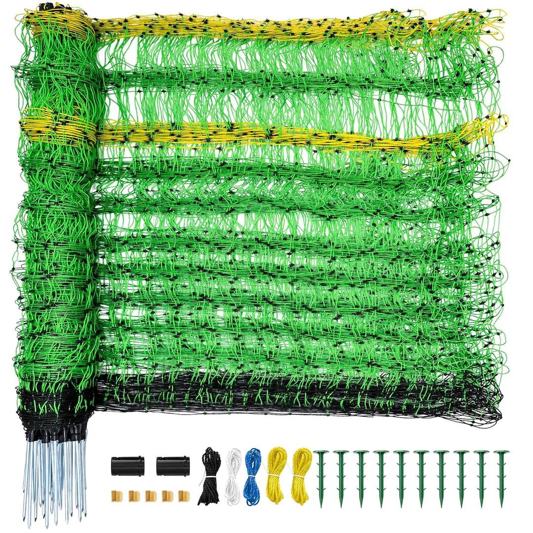 Electric Fence Netting, 49.6" H x 164' L, Portable Livestock Net Fencing with Double-Spike Posts, Movable Mesh for Goats, Sheep, Hogs, Deer & Dogs, Predator Control for Backyard, Farm & Homestead