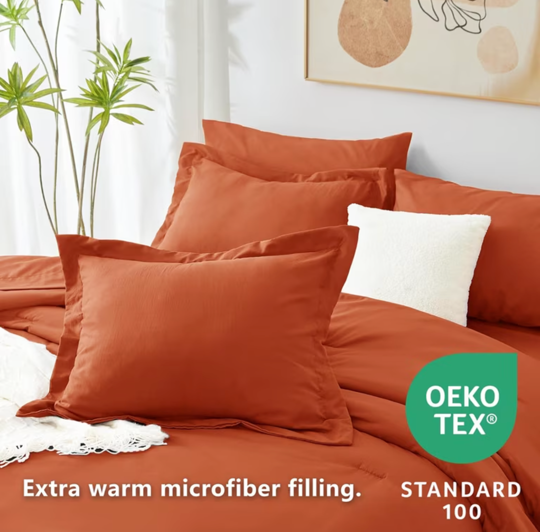 King Comforter Set Burnt Orange, 7 Pieces Bed in a Bag Terracotta Comforter Set with Sheets, All Season Boho 7PC Bed Sets with Comforter, Fitted Sheet, Flat Sheet, Pillow Shams and Pillowcases