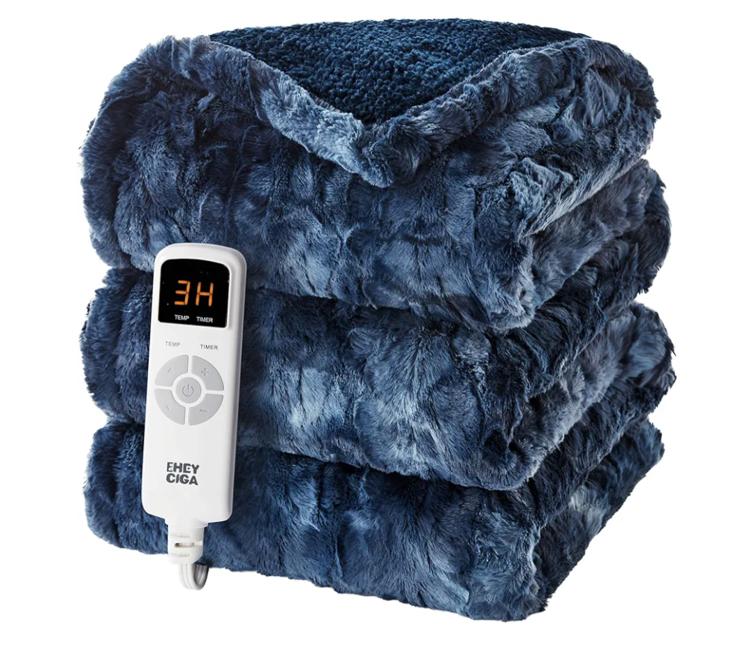 EHEYCIGA Electric Heated Blanket Throw Faux Fur, 10 Hours Auto Shut Off 9 Heating Levels Heating Blanket Throw, Soft Warm Heated Blanket Fast Heating Navy Blue, Faux Fur & Sherpa