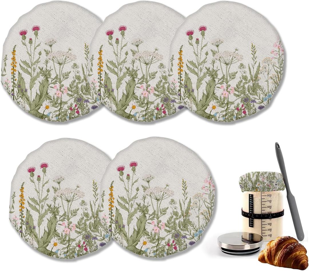 Herbs 5- Pack Cloth Covers for Sourdough Starter Jar, Wild Flowers Cloth Covers Reusable Lid Top Sourdough Bowl Cover Bread Fermentation Baking Supplies for 3-4 Inch Jar Mouth