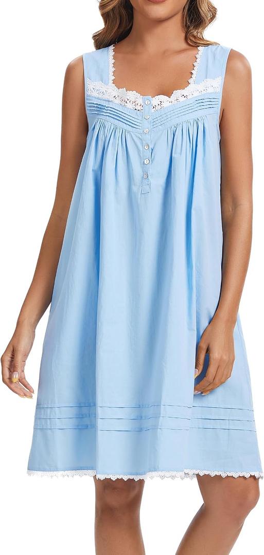 AVIIER 100% Cotton Nightgowns for Women Sleeveless Night Gown with Pockets (Blue, S)