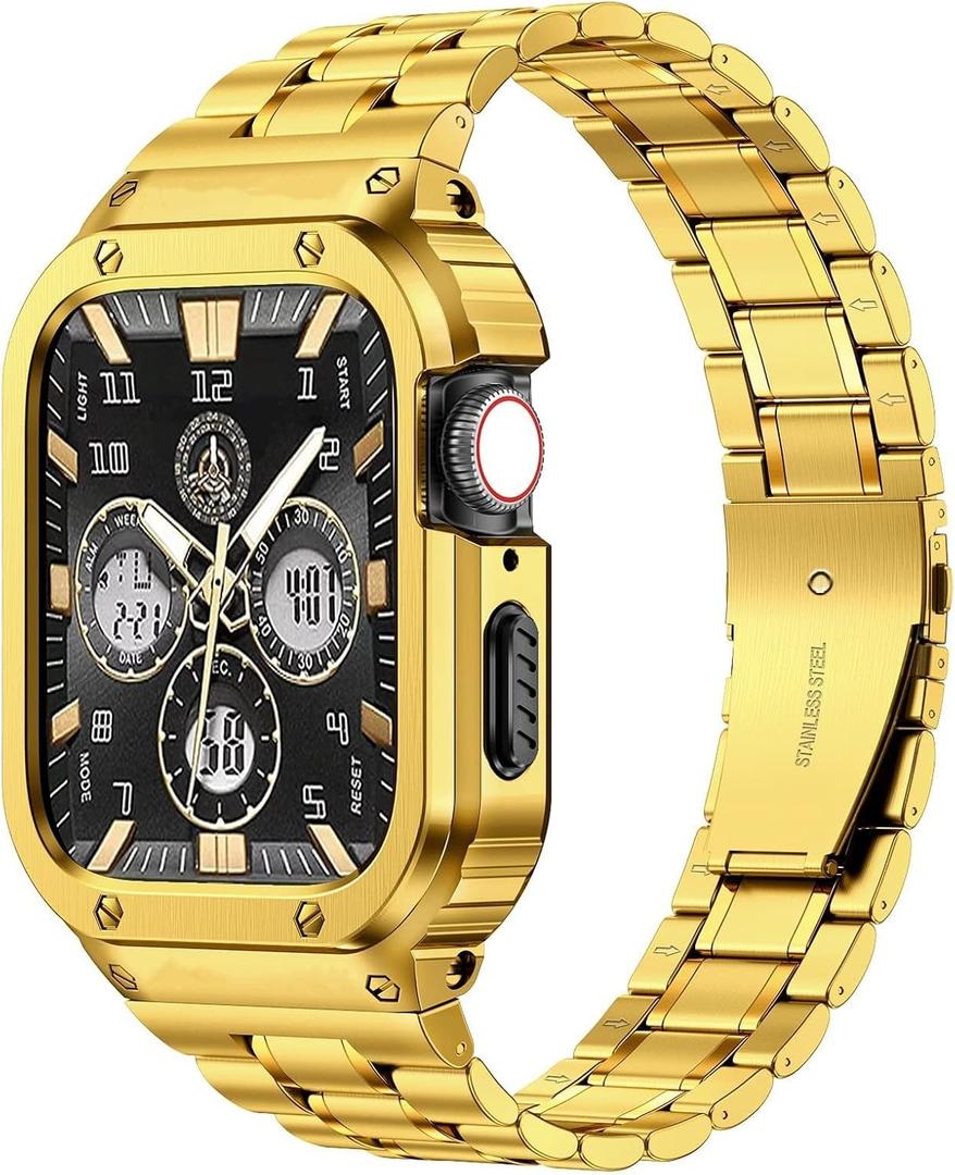 MioHHR Stainless Steel Watch Band with Case Compatible with Apple Watch Series 9/8/7(45mm),Rugged Strap with Metal Protective Bumper Cover for iWatch Band Men(Gold)