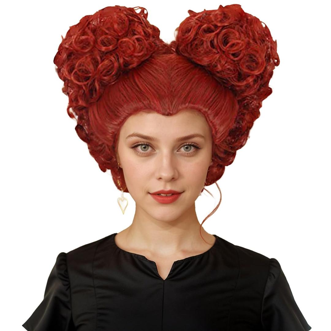 karlery Adult Women Short Curly Red Bud Bal Wig Flat Bangs Updo Chignon Sanderson Costume Wig Halloween Cosplay Party Wig