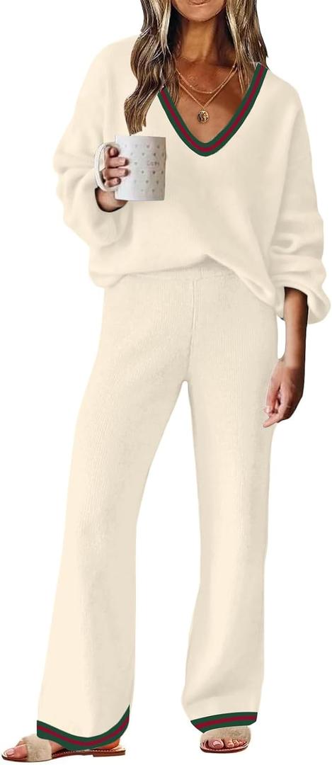 ETCYY NEW Womens 2 Piece Outfits Sweater Lounge Set Casual V Neck Knit Pajama Set Long Sleeve Top Wide Leg Pants Loungewear S
