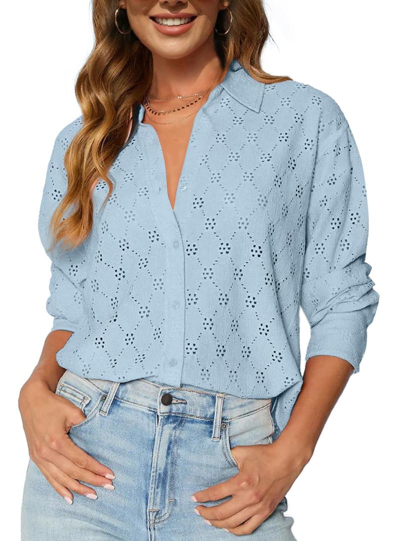 CiCiBird Womens Long Sleeve Button Down Shirts Dressy Casual Lace Blouse Embroidered Tops Spring Summer Fashion Clothes Blue S (S)