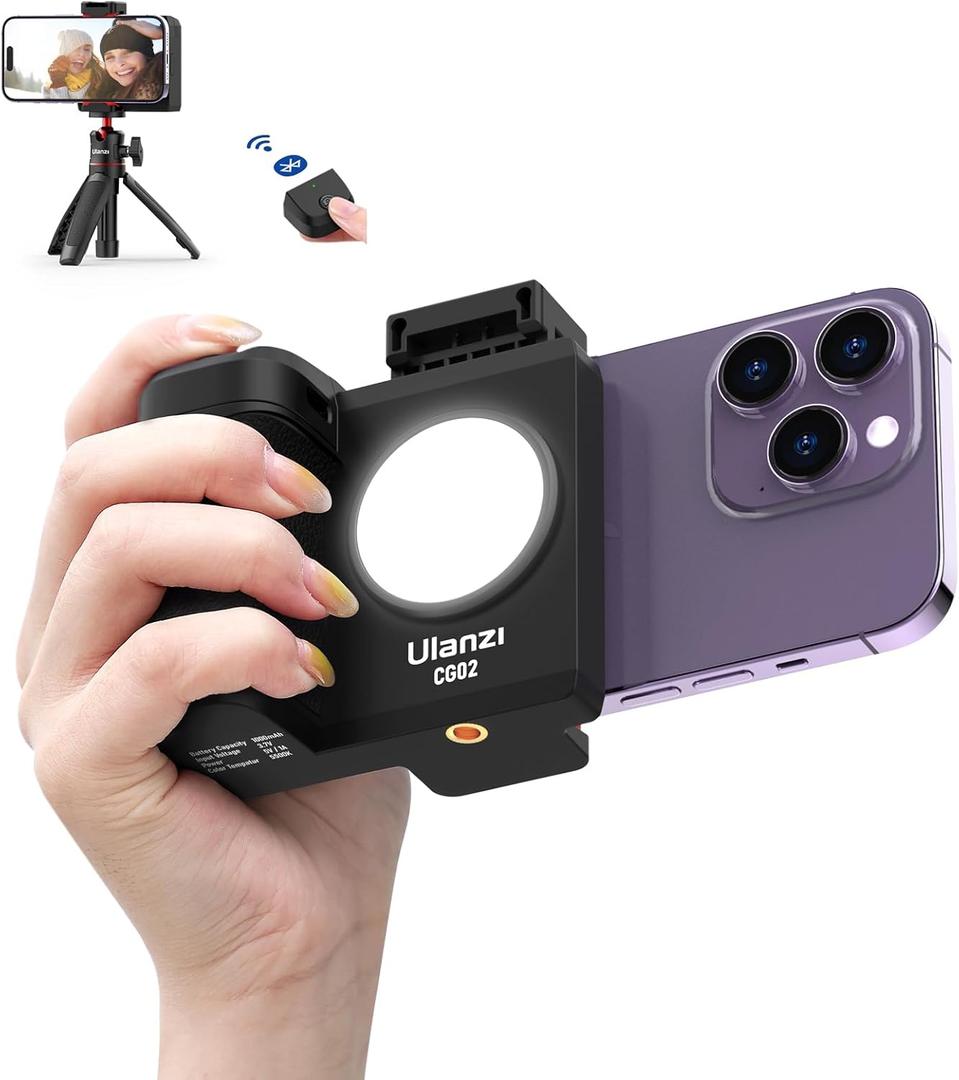 CG-02 Grip Holder for Smartphone Upgraded Phone Camera Grip w Remote Shutter Handheld Tripod Mount Fill Light Handheld Photography Accessories for iPhone 16 15 14 Pro Max etc