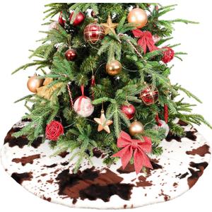 Christmas Tree Skirt Cow Print Faux Fur Folable Christmas Ring Tree Skirt for Artificial Trees Base Stand Cover Xmas Trees Decoration