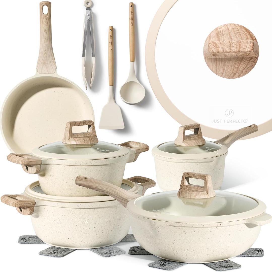 JUST PERFECTO Induction Pots Set - Pan Set with Lid - Induction Pots Set - Pots & Pans Set without PTFE and PFOA - Cookware Pot Set Induction 14Pcs (light beige)