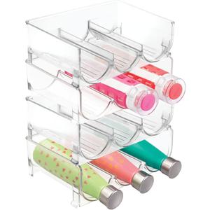 mDesign Plastic Free-Standing Stackable 3 Bottle Storage Holder Rack - Water, Wine, and Drink Organizer Shelf for Kitchen Countertop, Cabinet, Pantry, Fridge, Freezer, 4 Pack - Clear