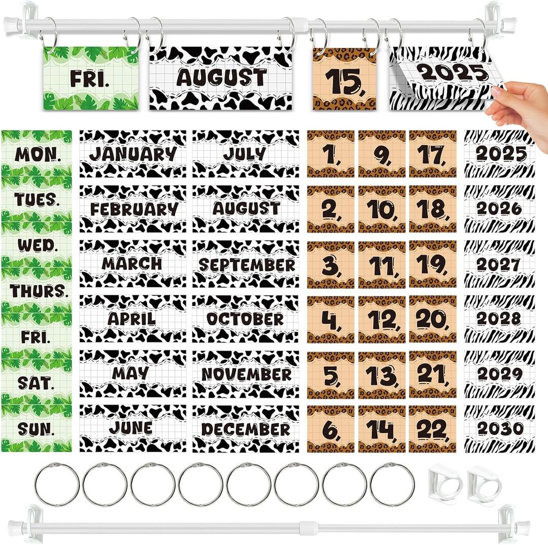 2 x Cinrobiye Safari Animal Flip Calendar for Classroom 20252030,Bulletin Board Calendar Chart Set with 56 Date Cards Adjustable Rod for Teachers Homeschool Learning Wall Decor Back to School Supplies