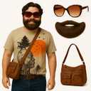 Mepase 3 Pcs Human Tree Shirt Costume Accessories Set Include Brown Beard Purse Satchel Bag and Retro Leopard Glasses for Men Halloween Character Cosplay Costume