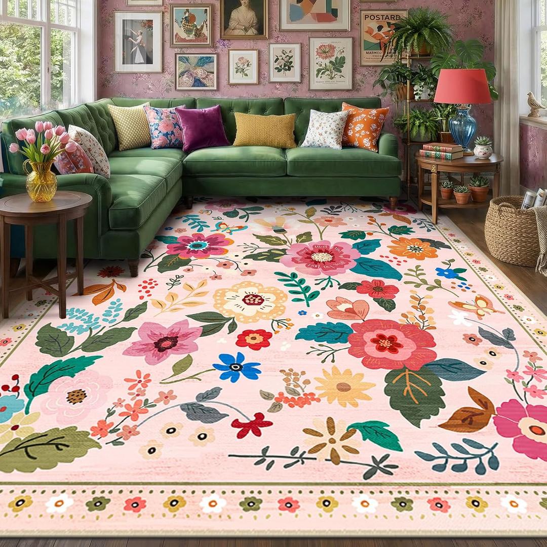 RELEANY Floral Nursery 9x12 Area Rugs Washable Print Boho Cute Carpet Non Slip Flower Low Pile for Living Room Kids Girls Playroom Bedroom Kitchen Office Farmhouse-Pink