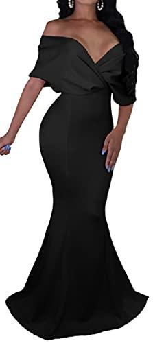GOBLES Women Sexy V Neck Off The Shoulder Evening Gown Fishtail Maxi Dress (L, Black)