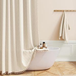 BTTN Extra Long Shower Curtain - 72x84 Long Boho Chic Striped Tassel Linen Fabric Shower Curtain Set with Hooks, Tall Modern Farmhouse Cute Heavy Duty Cloth Shower Curtains for Bathroom - Cream/Beige