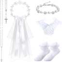 Funtery 6 Pcs First Communion Veil for Girls Set Catholic Vestido De Primera Comunin Nia 1st Holy Headpiece Wreath Veil Sock Necklace Bracelet