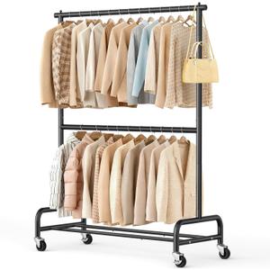 SLEEPING LAMB Double Rod Heavy Duty Clothes Racks for Hanging Clothes, Metal Rolling Garment Rack With Wheels Clothes Hanger Rack Wardrobe Racking for Coats, Shirts (Black)