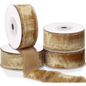 Preboun 4 Rolls Christmas Velvet Ribbon for Gift Wrapping 24 Yards Total Frayed Edge Velvet Silk Ribbon for Christmas Wedding Baby Shower DIY Crafts Decor(Khaki,1 Inch)