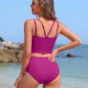 Charmo Women's High Waisted Bikini Sets Sporty Two Piece Swimsuit Ribbed Tummy Control Bathing Suit with Pockets (Pink, Large)